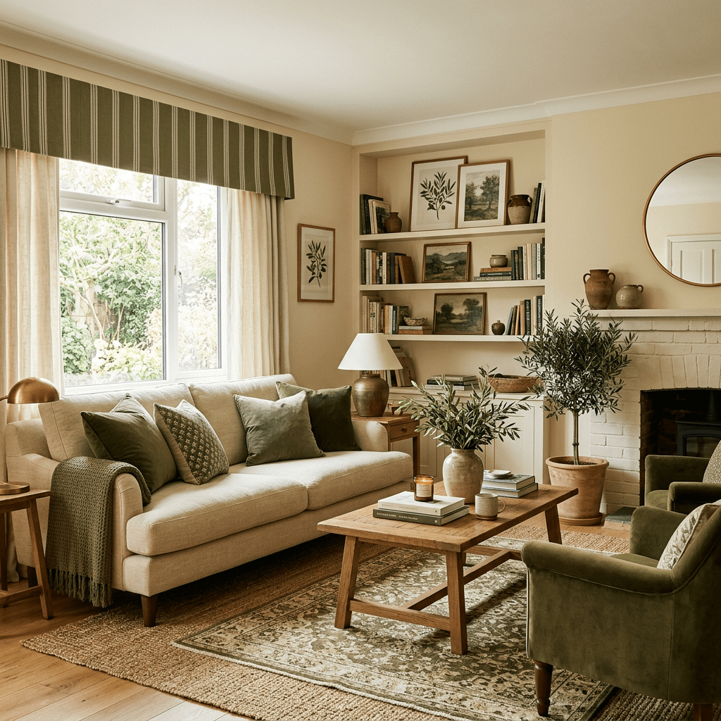 Living room with beige sofa, green pillows, plants, wooden table, bookshelves, and fireplace