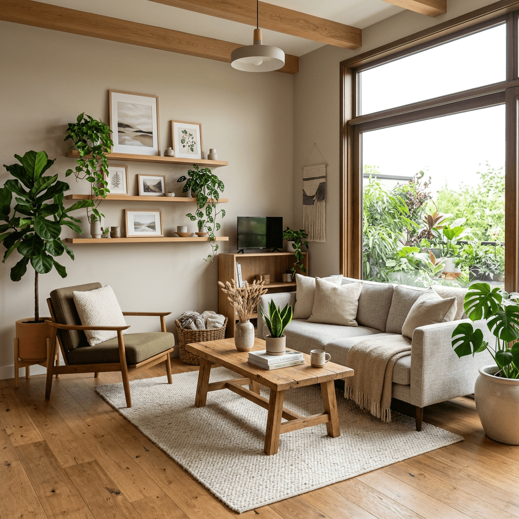 Living room with beige sofa, wooden coffee table, green armchair, indoor plants, and large window.