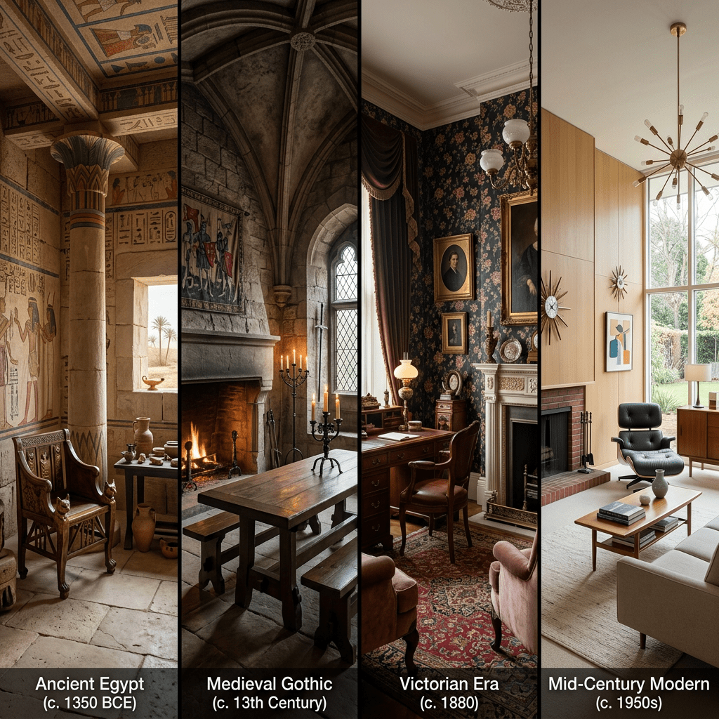 Interiors showing Ancient Egyptian, Medieval Gothic, Victorian Era, and Mid-Century Modern designs
