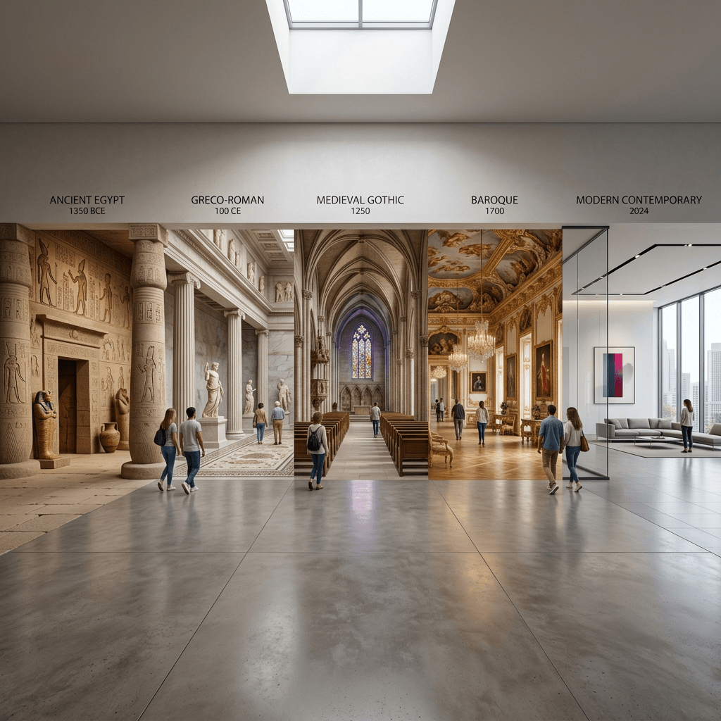 Gallery showing architectural styles: Ancient Egypt, Greco-Roman, Medieval Gothic, Baroque, and Modern Contemporary with people walking through