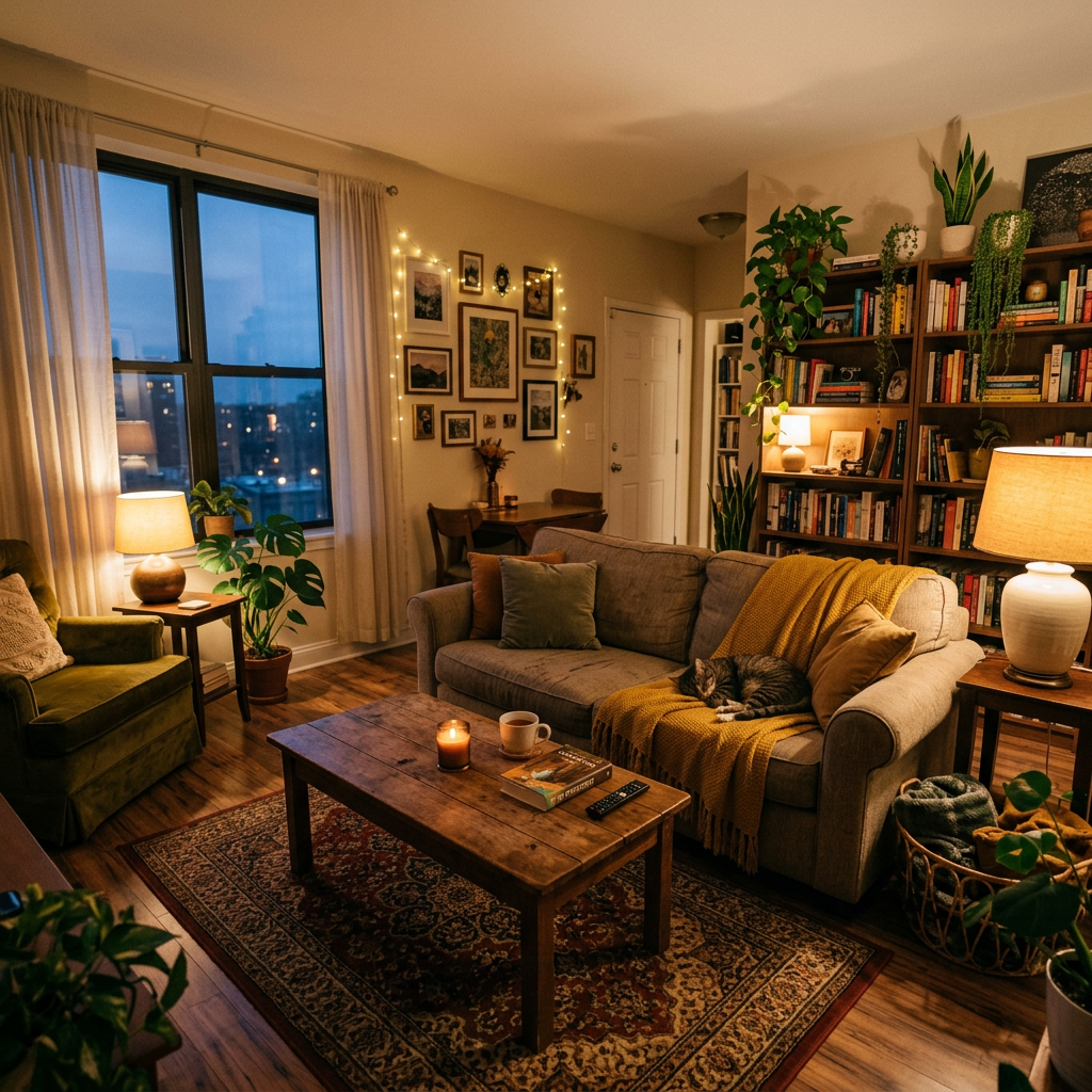 Living room with sofa, armchair, wooden coffee table, cat sleeping on sofa, and bookshelves with plants