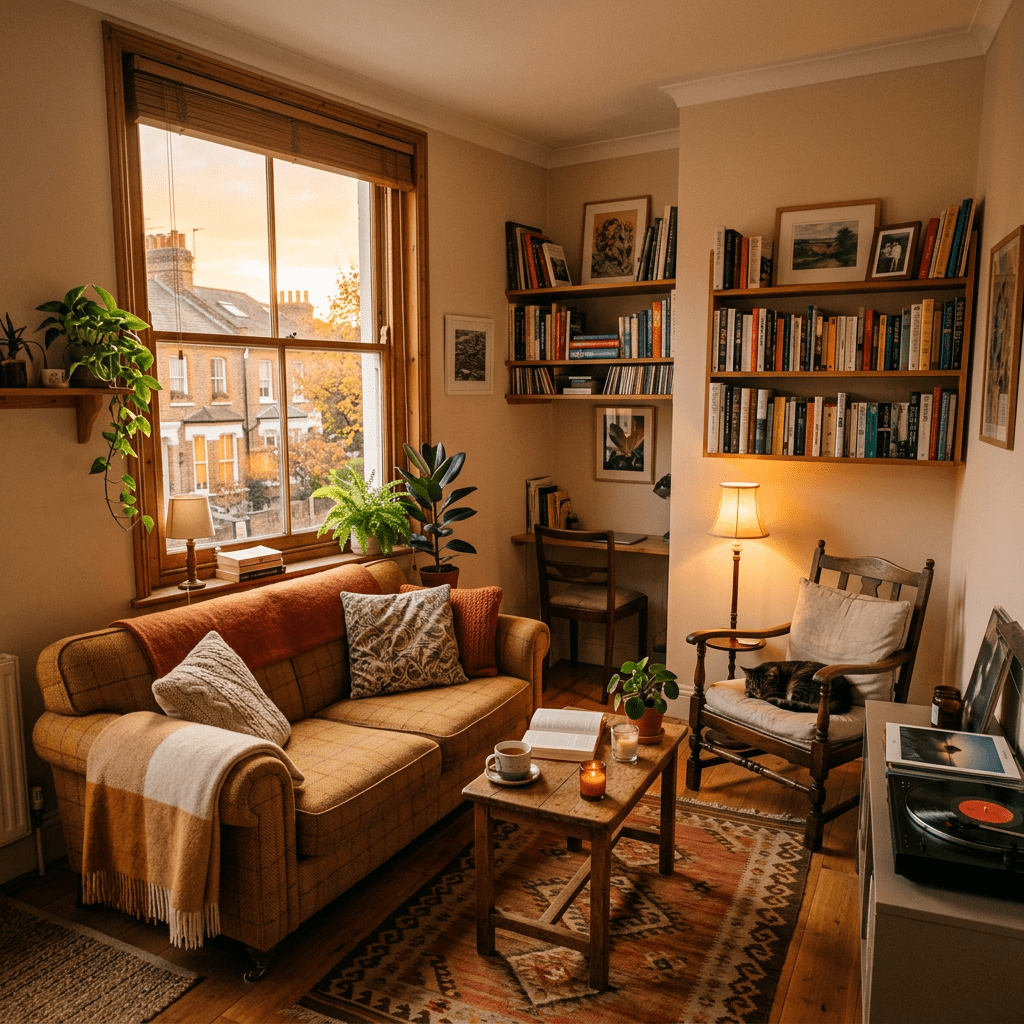Cozy living room with sofa, wooden chair, bookshelves, plants, and a record player.