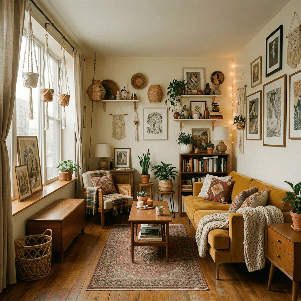 Living room with mustard yellow sofa, various houseplants, wooden furniture, and wall art
