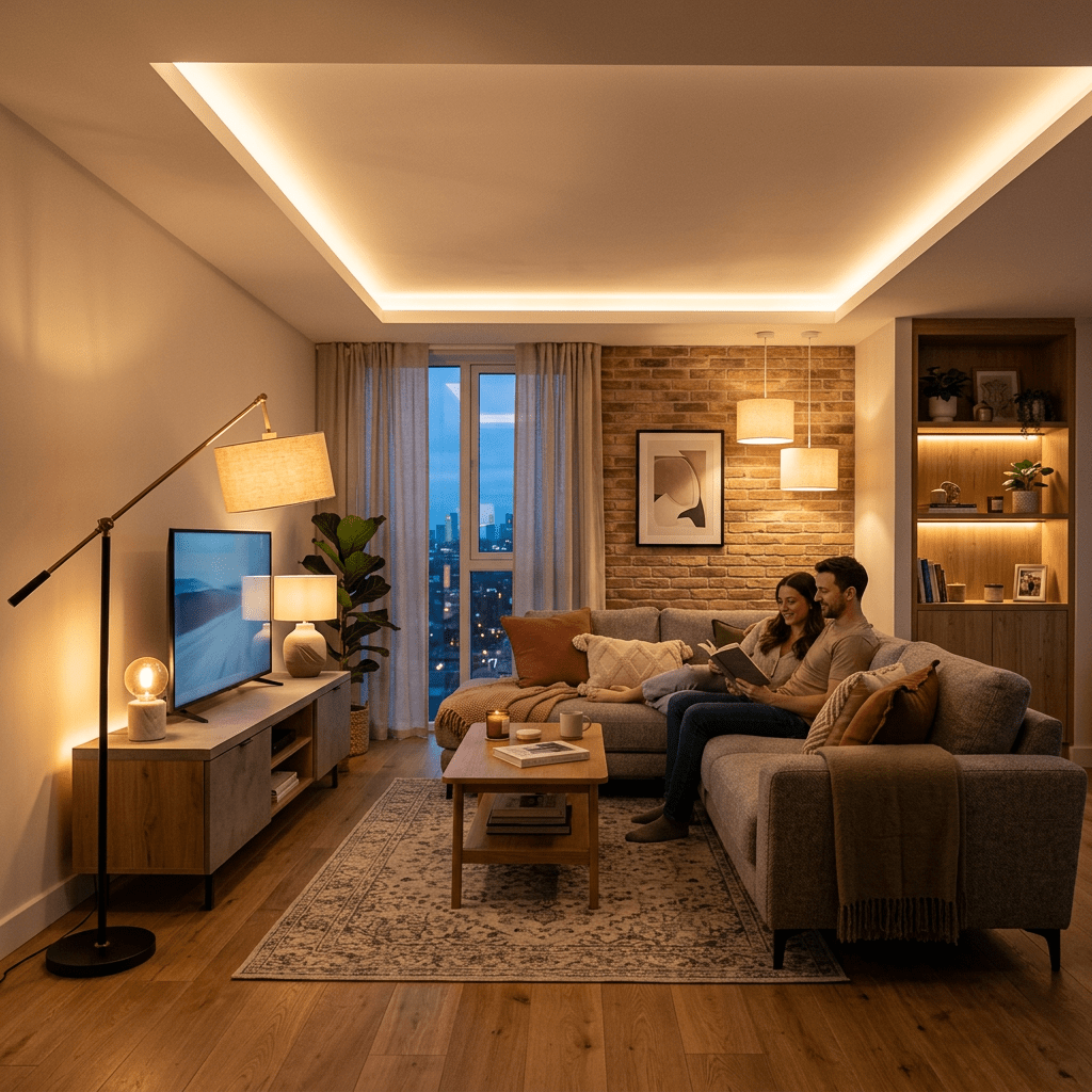 Couple sitting on sofa reading book in warmly lit living room with city view