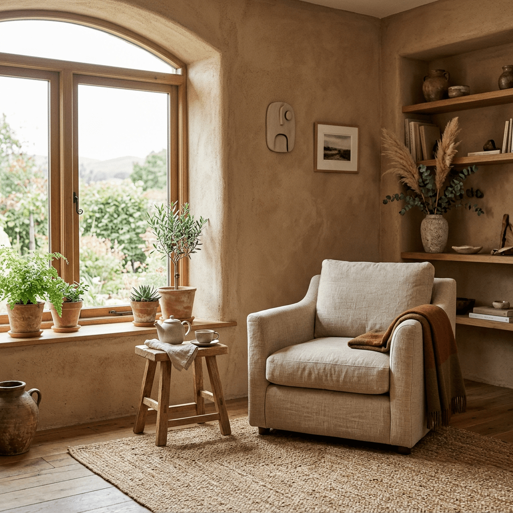 Neutral armchair beside window with potted plants, wooden stool, and shelves with decor