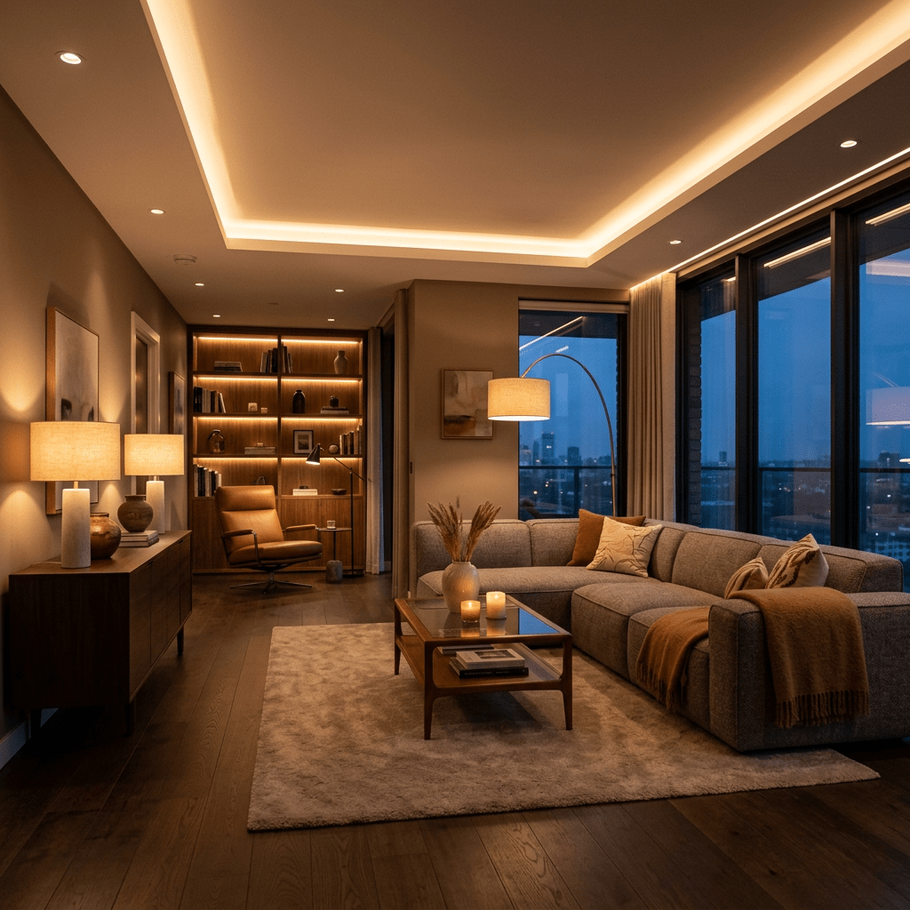 Cozy living room with sectional sofa, warm lighting, and cityscape through large windows