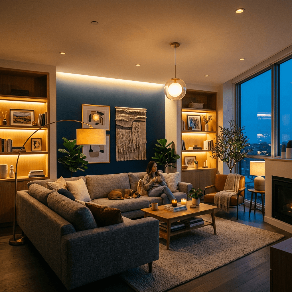 Living room with gray sectional sofa, woman sitting with mug, dog sleeping, warm lights, blue accent wall, and large windows