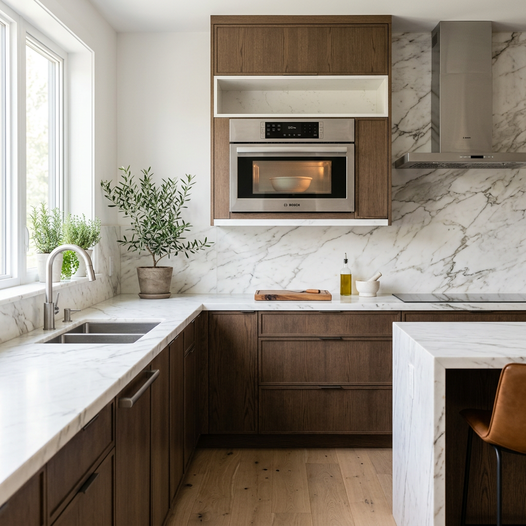 Modern kitchen with marble countertops, wooden cabinets, built-in microwave, and potted plants