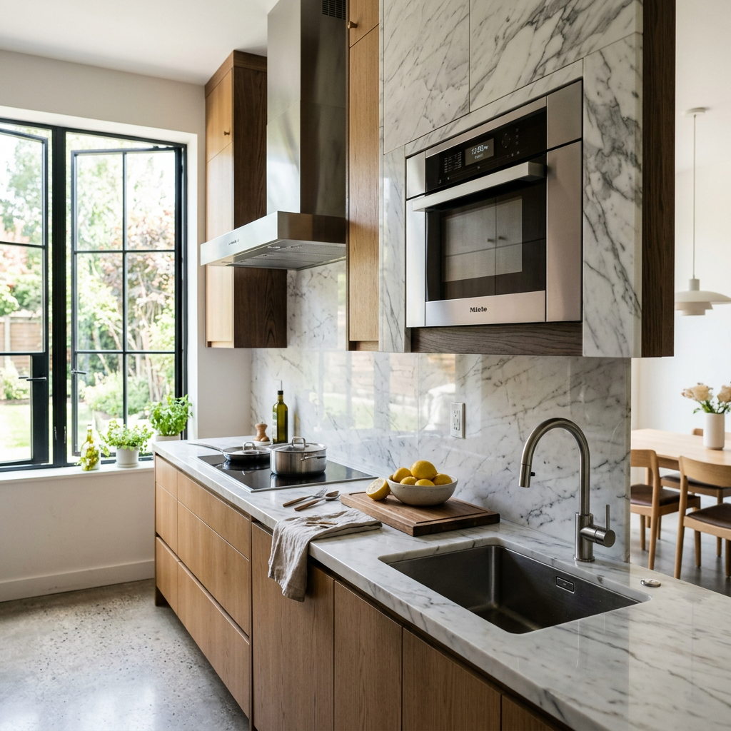 Kitchen with marble countertop, wooden cabinets, stainless steel sink and oven, large window with garden view