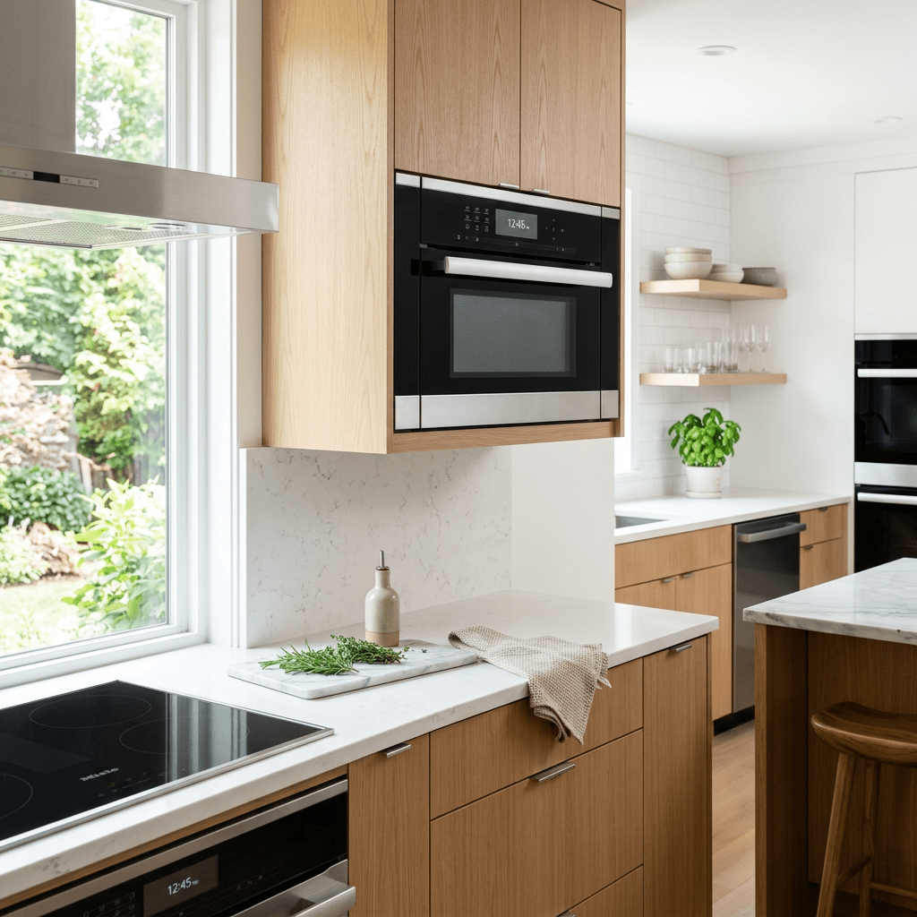 Modern kitchen with built-in oven, induction cooktop, wooden cabinets, and white countertops