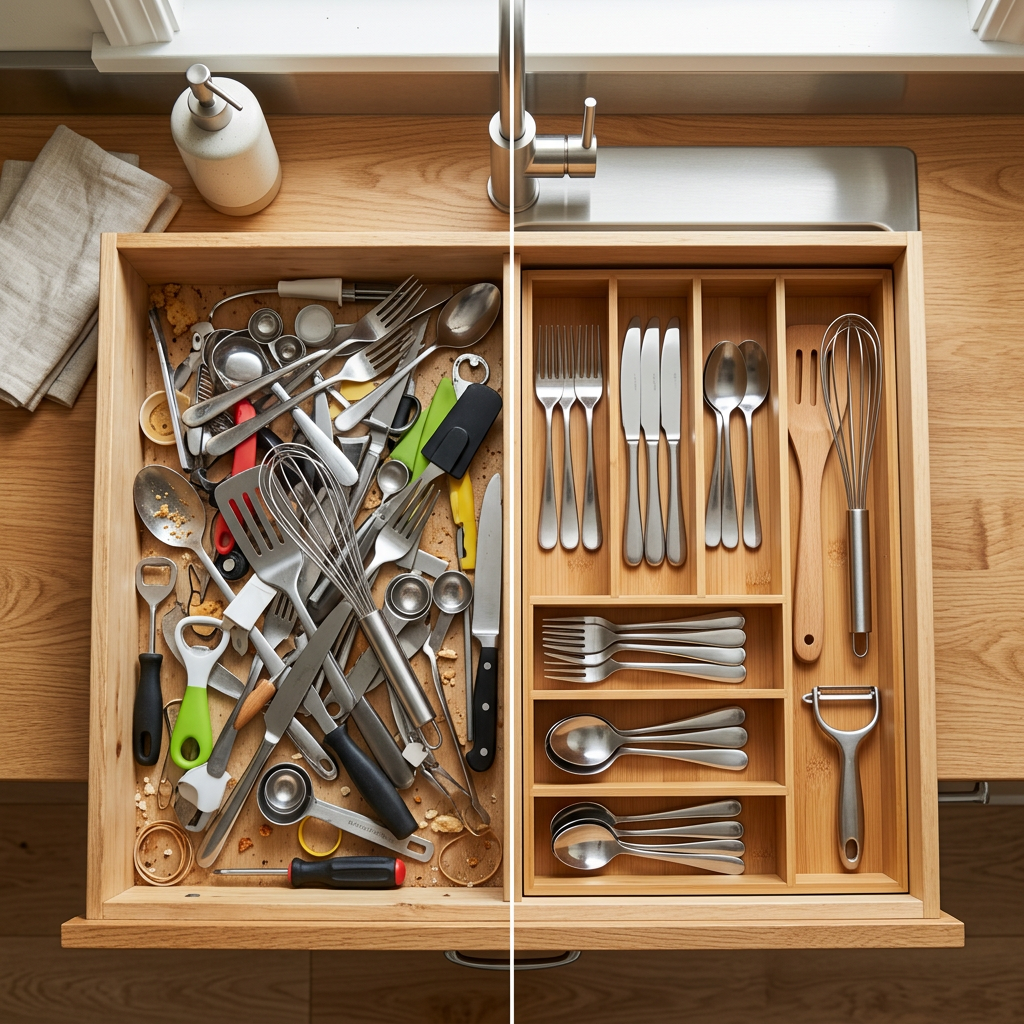Kitchen drawer half cluttered with utensils and half neatly organized with utensil compartments