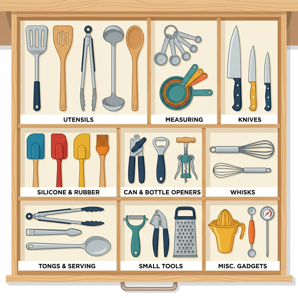 Drawer with kitchen utensils, measuring cups, knives, silicone tools, can and bottle openers, whisks, tongs, small tools, and miscellaneous gadgets