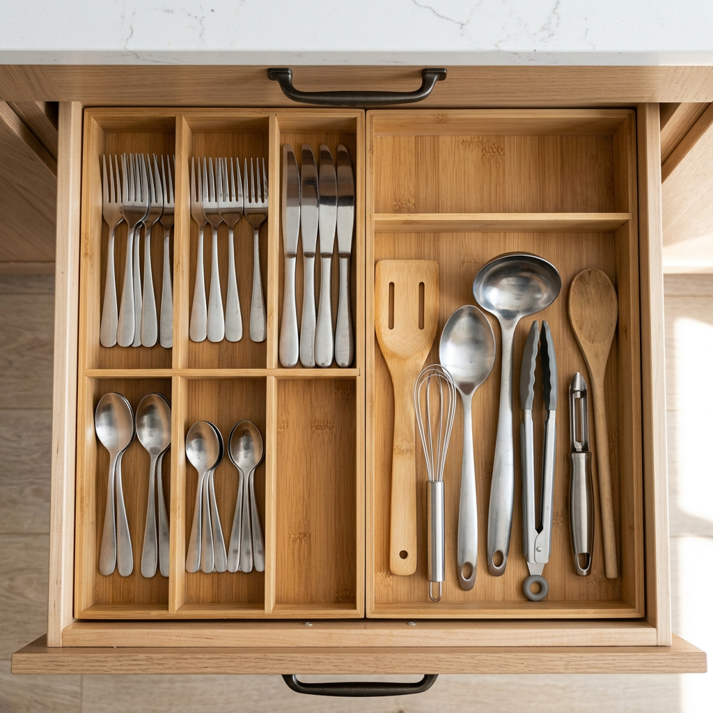 Wooden drawer organizer with forks, knives, spoons, and kitchen utensils