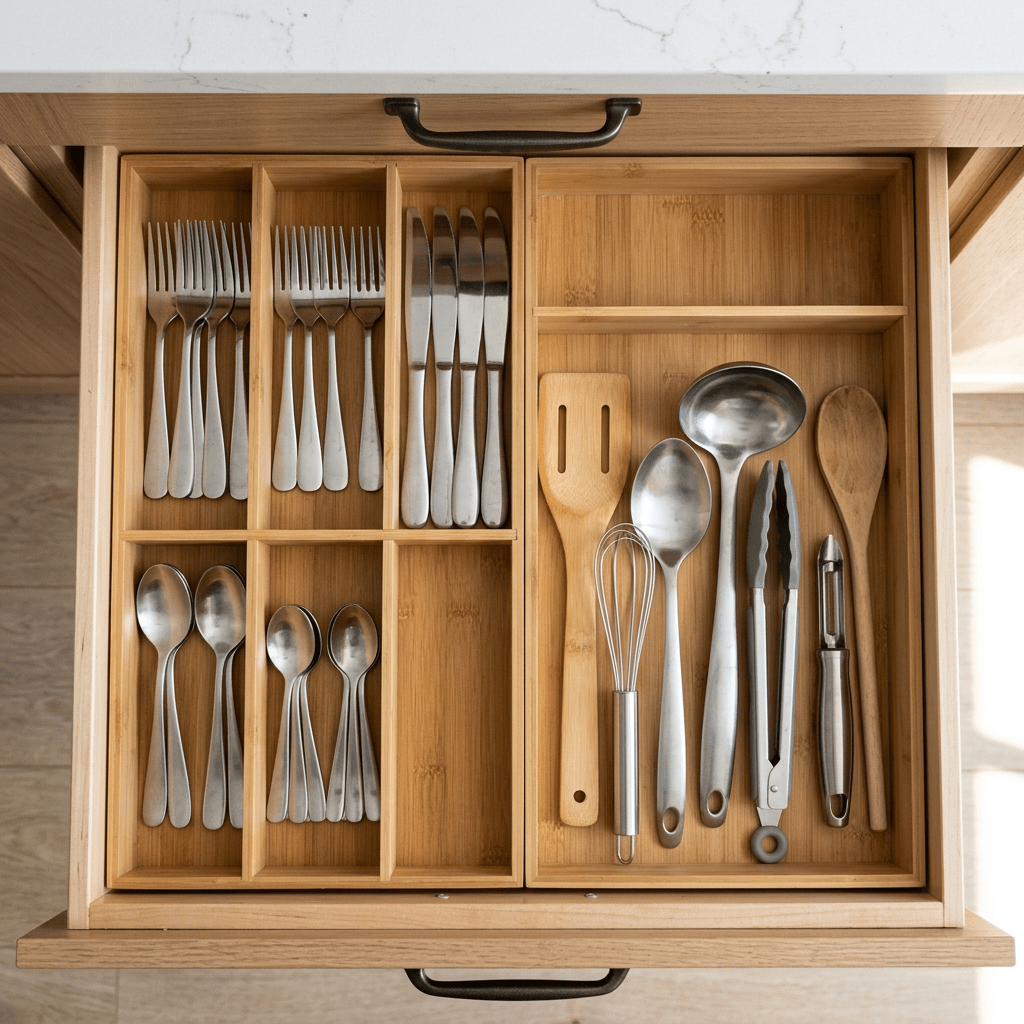 Wooden drawer organizer with forks, knives, spoons, and kitchen utensils