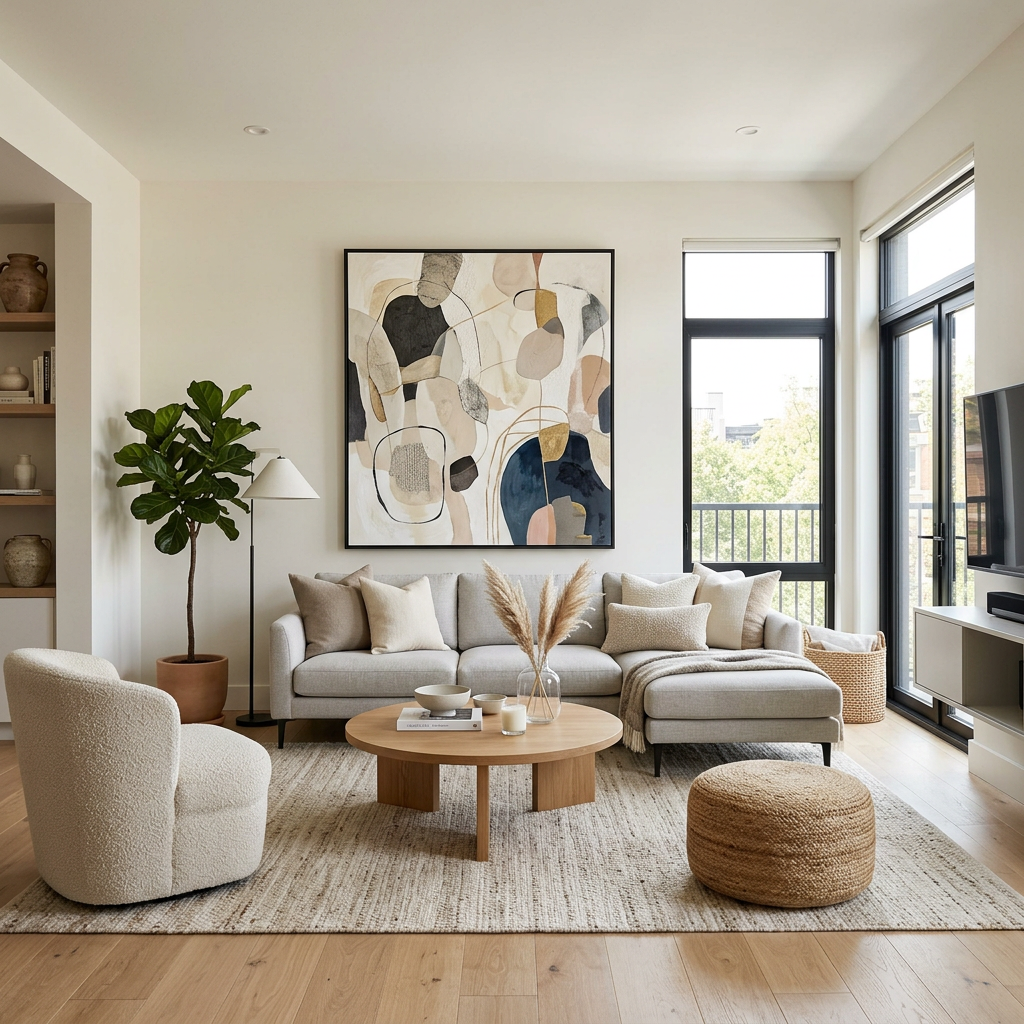 Modern living room with gray sofa, abstract painting, and natural decor