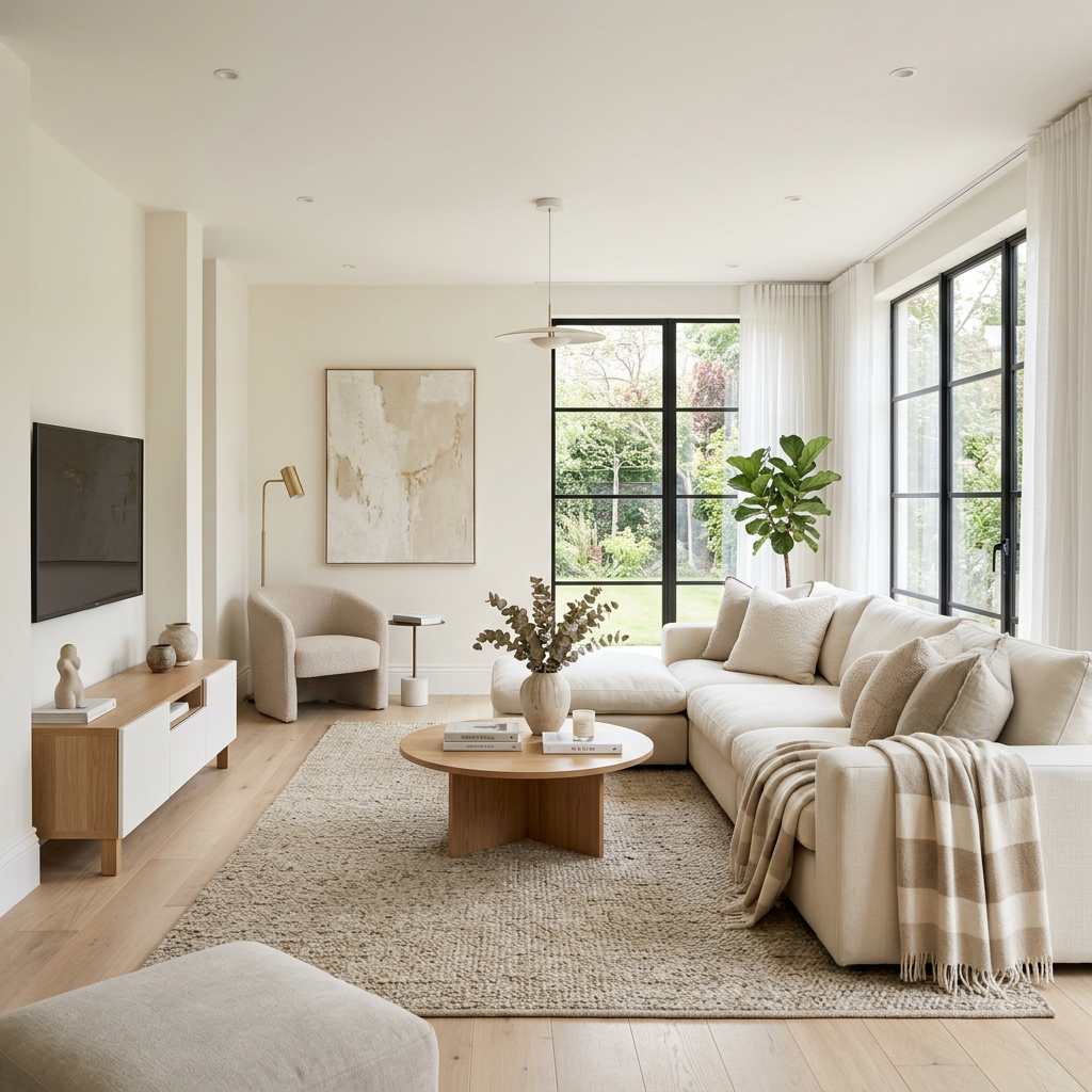 Living room with beige sectional sofa, wooden coffee table, armchair, and large black-framed windows