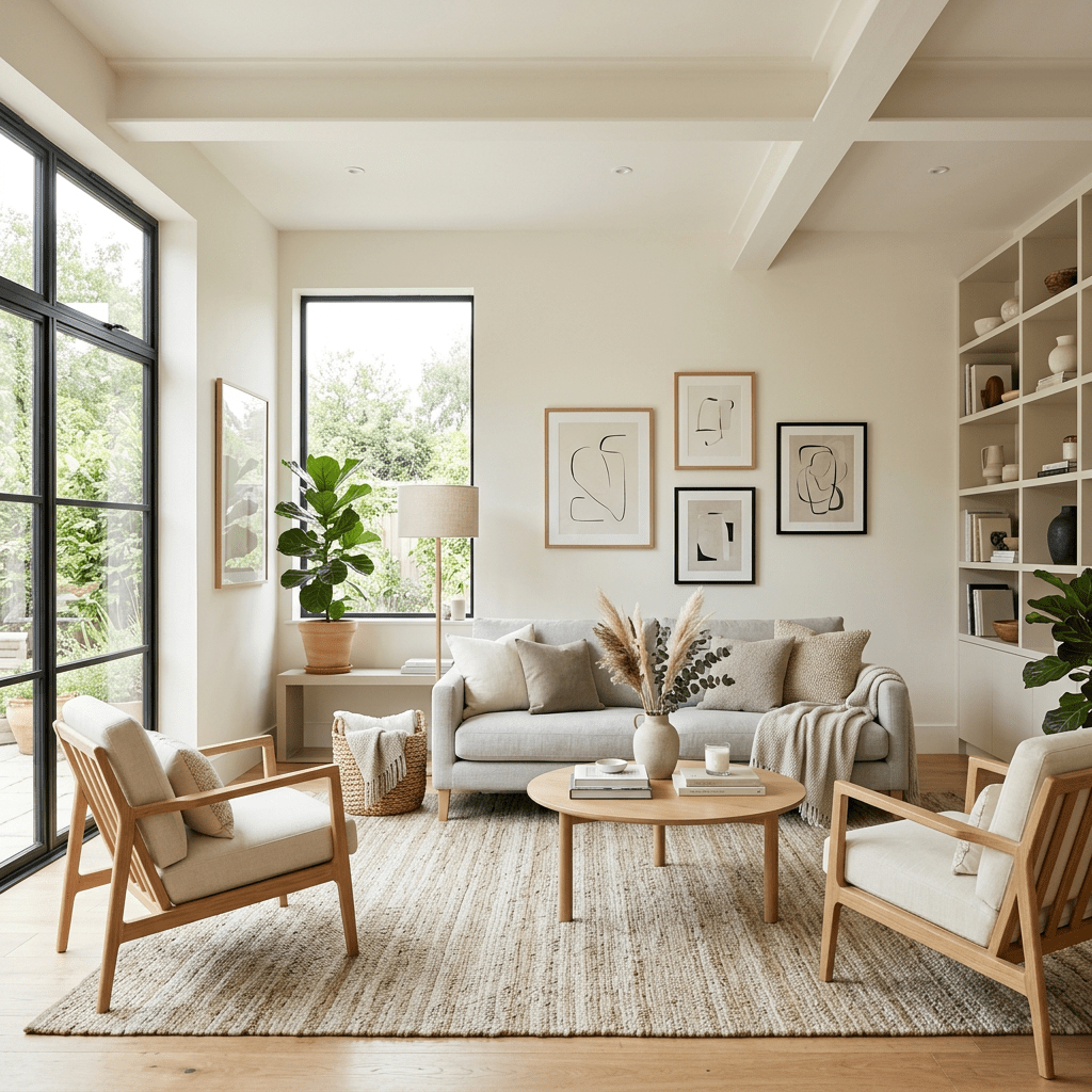 Living room with beige sofa, wooden armchairs, coffee table, plants, and abstract wall art