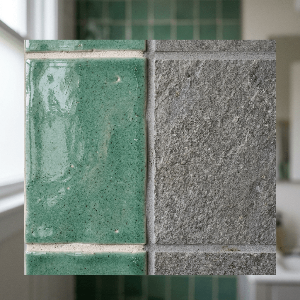 Glossy green ceramic tile beside textured gray stone tile with grout lines