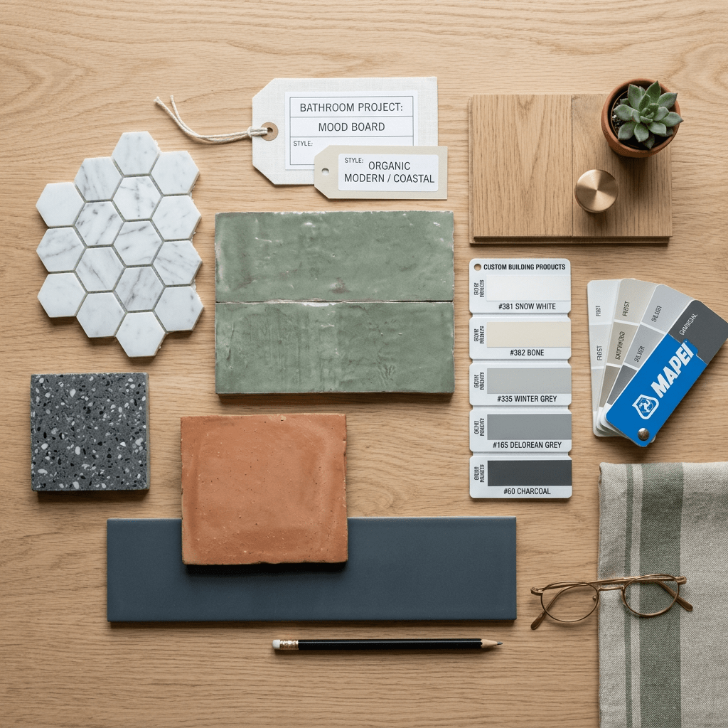 Bathroom project mood board with tiles, wood samples, color swatches, a pencil, glasses, and a succulent plant.