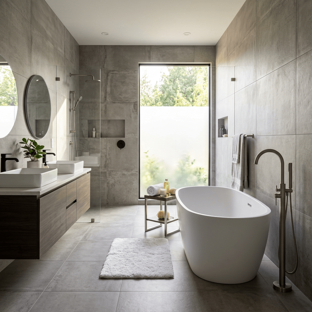 Modern bathroom with freestanding bathtub, dual sinks, glass shower, and large frosted window