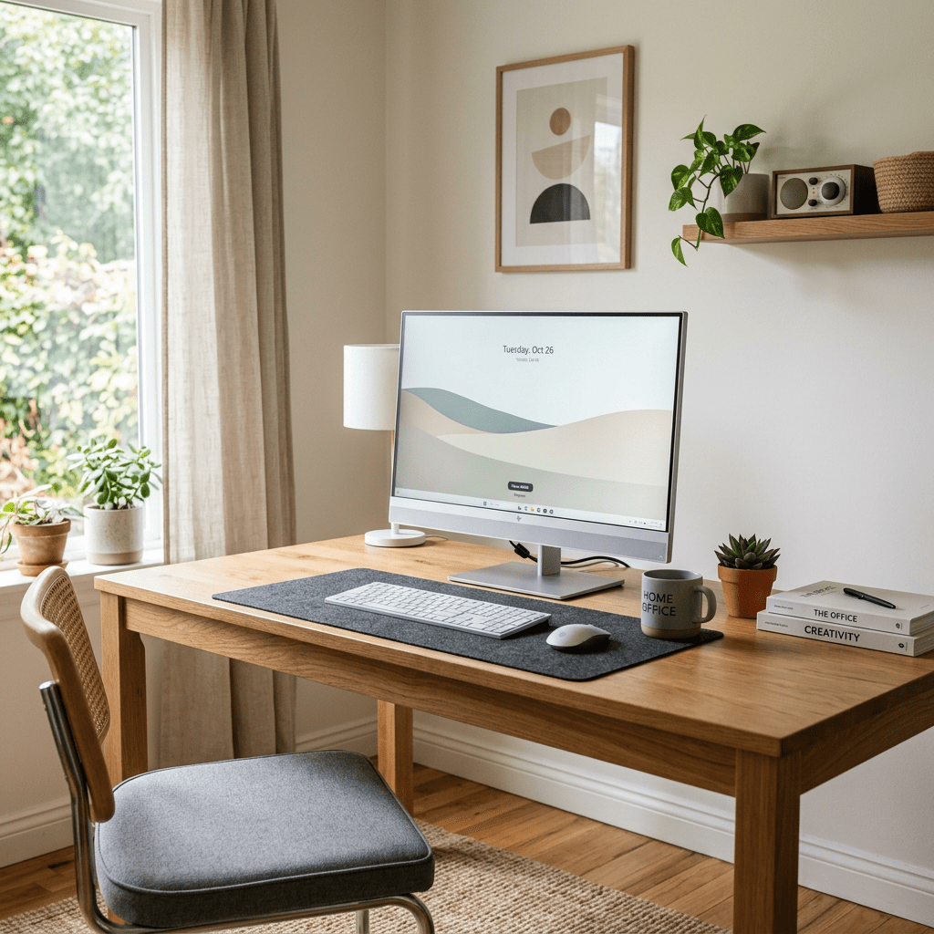 Home office desk with computer monitor, keyboard, mouse, plants, books, and coffee mug