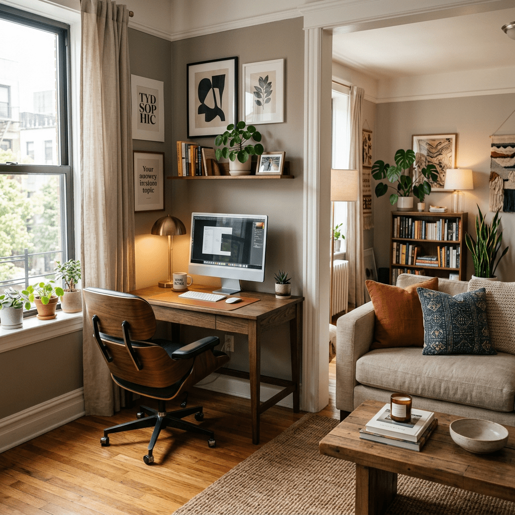 Home office desk with computer and plants adjacent to a cozy living room with sofa and bookshelves