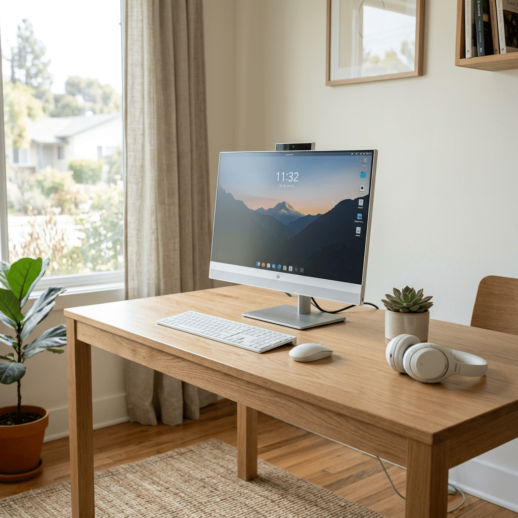 Computer on wooden desk with keyboard, mouse, headphones, and plant