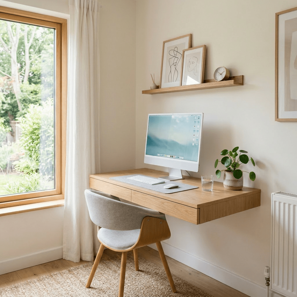Woman sitting at a wooden desk using a desktop computer in a bright home office