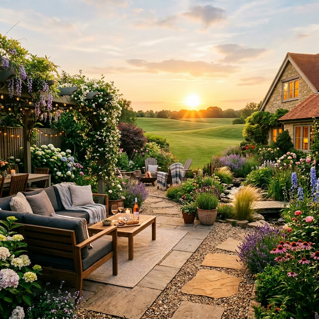 Garden patio with wooden seating, flowering plants, and sunset in background