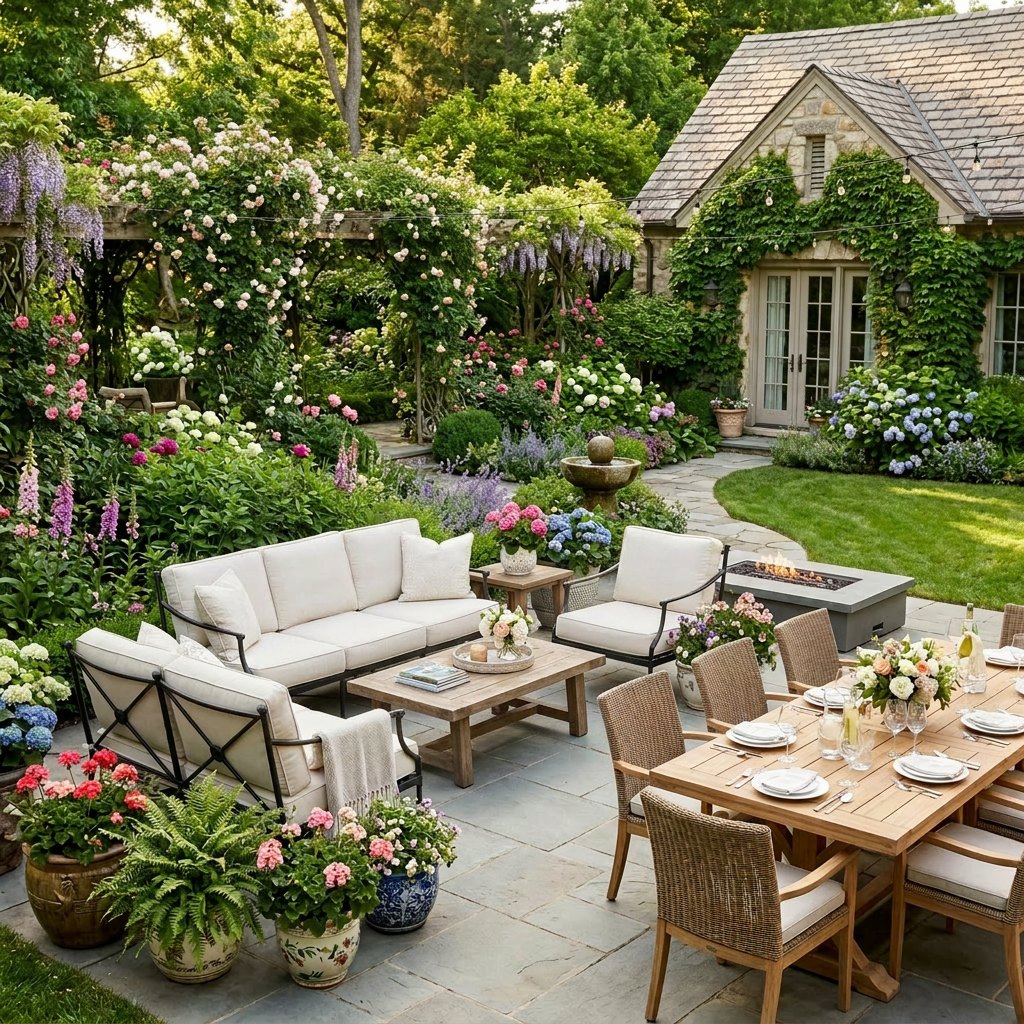 Three people sitting on outdoor sofas in a lush garden patio with flowering plants and a dining table set for a meal