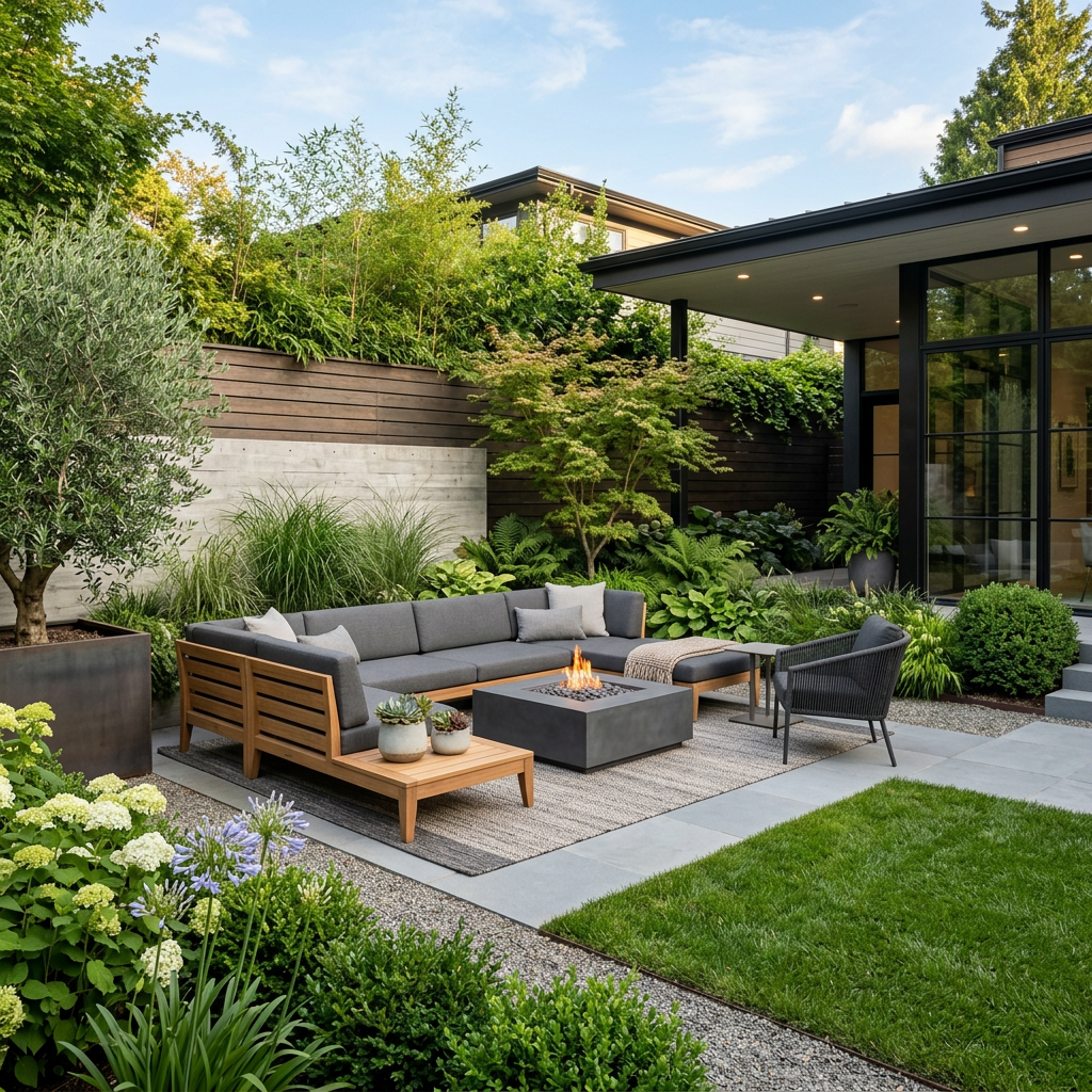 Outdoor patio with gray sectional sofa, fire pit, greenery, and modern house exterior