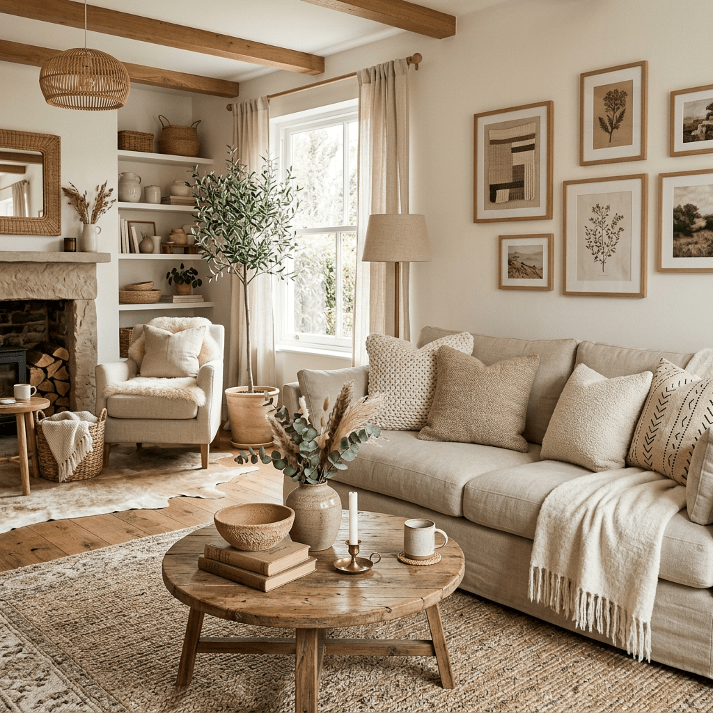 Living room with beige sofa, wooden coffee table, armchair, and framed wall art in warm neutral tones