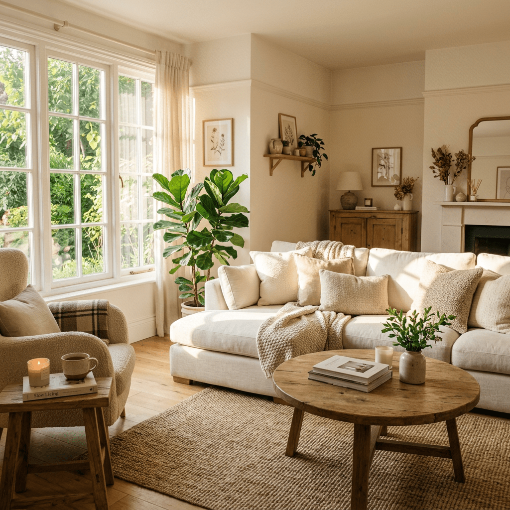 Sunlit living room with beige sofa, wooden table, armchair, plants, and framed wall art