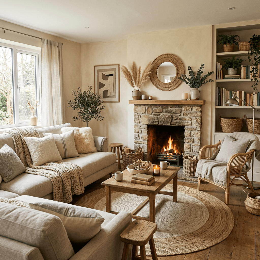 Living room with beige sofas, wooden coffee table, stone fireplace with fire, and neutral decor.