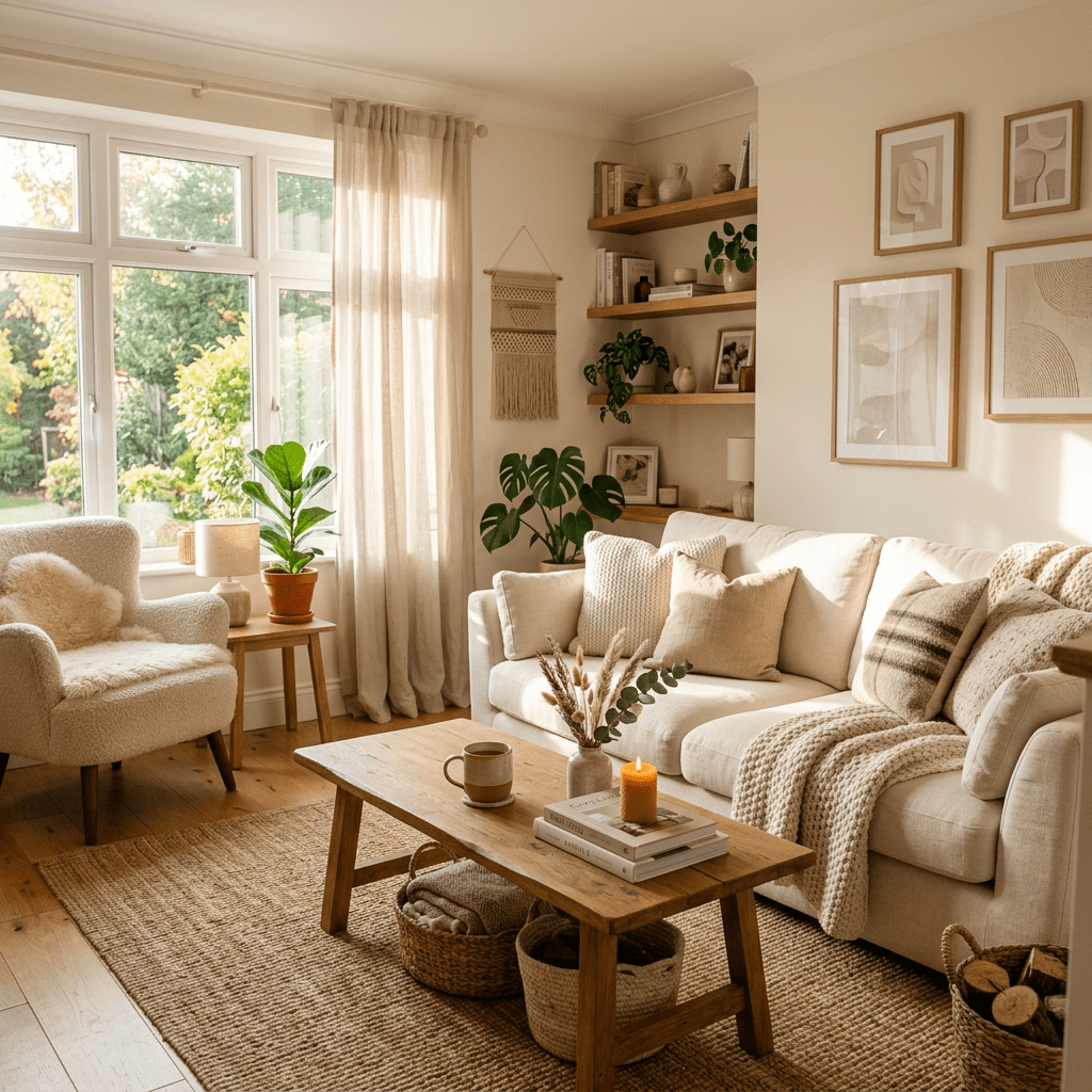 Comfortable living room with beige sofa, armchair, wooden coffee table, and plants