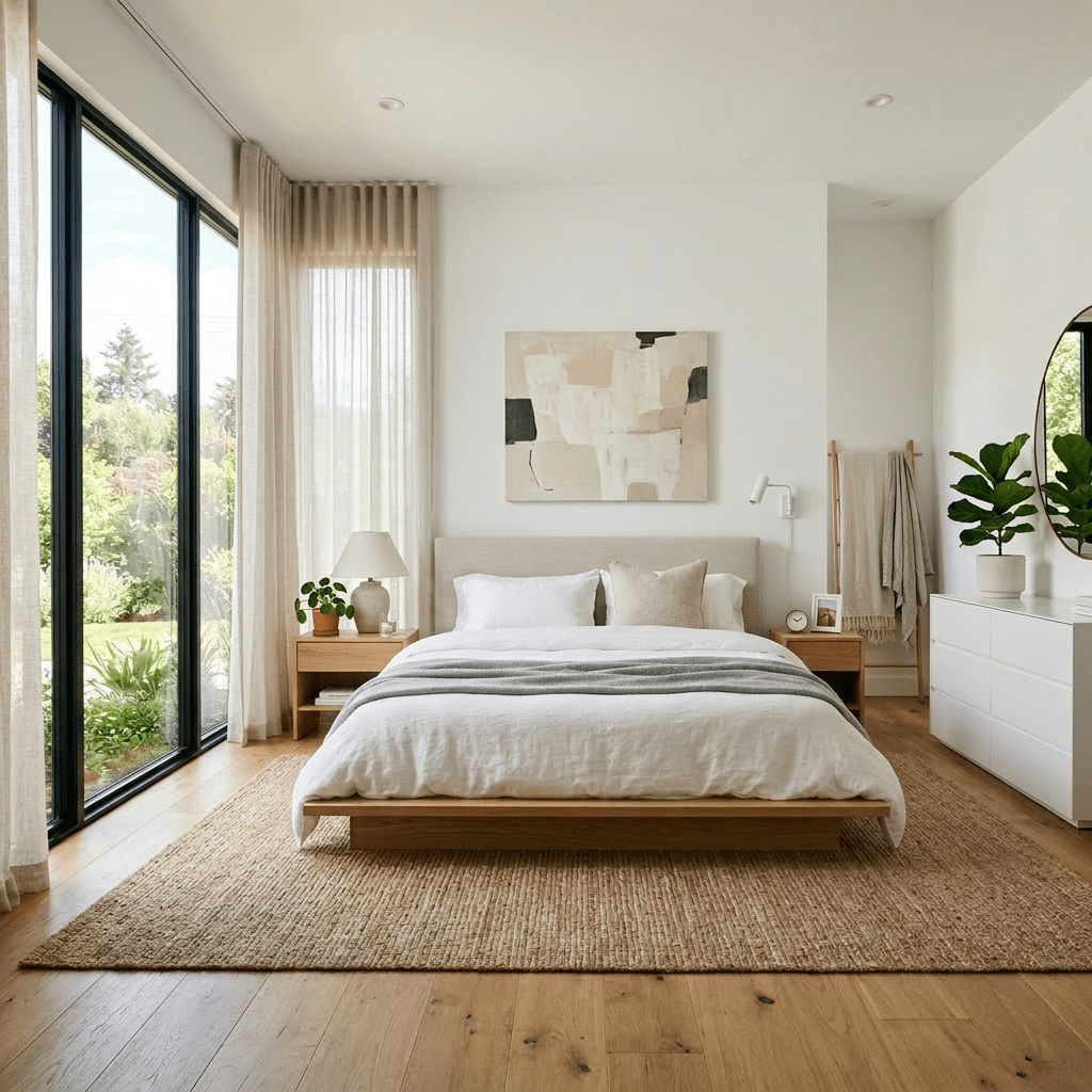 Woman sitting on bed reading a book in a bright modern bedroom