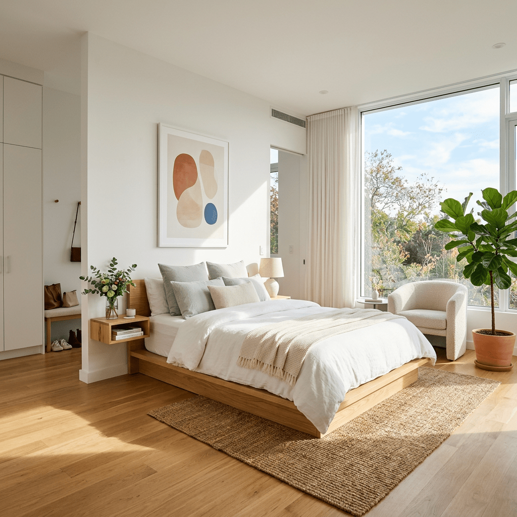 Modern bedroom with wooden bed, white bedding, indoor plant, and large window