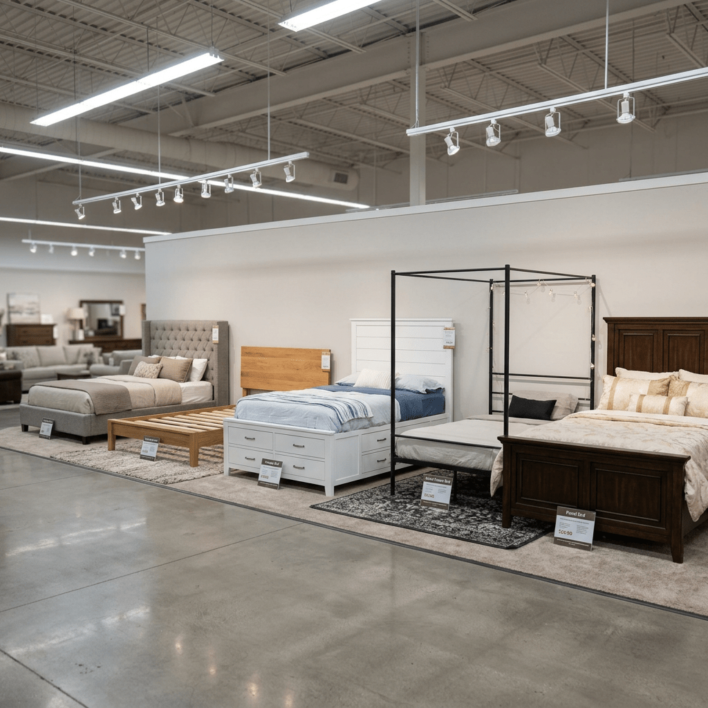 Multiple beds with different headboards and bedding styles in a furniture store showroom