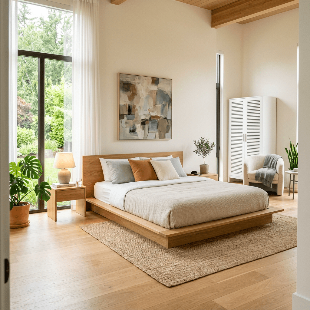 Bedroom with wooden platform bed, neutral bedding, nightstand with lamp, plants, and natural light from large windows