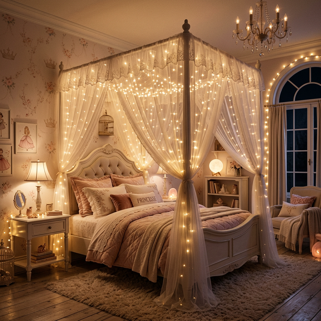 Canopy bed adorned with sheer curtains and warm fairy lights in a cozy bedroom