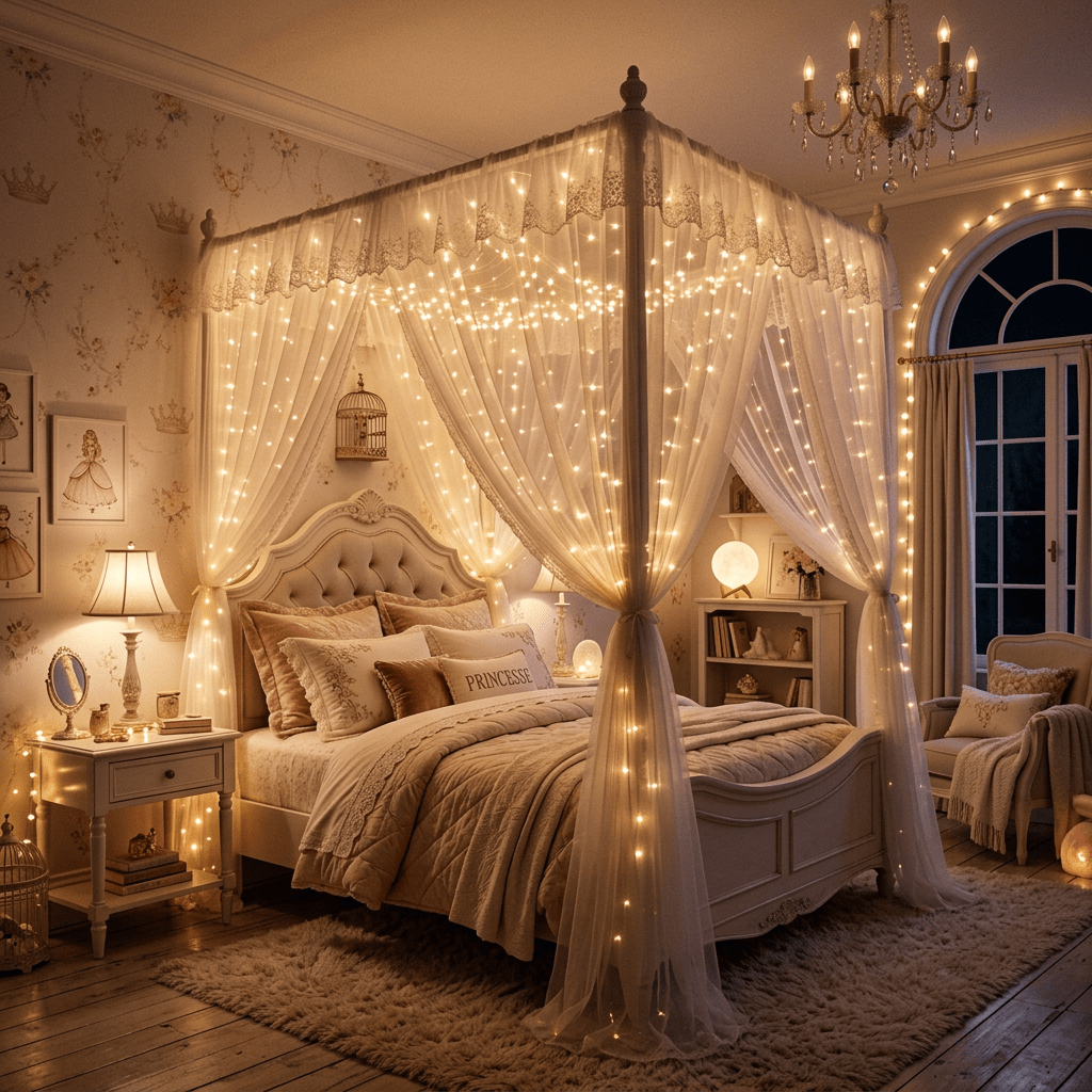 Canopy bed adorned with sheer curtains and warm fairy lights in a cozy bedroom