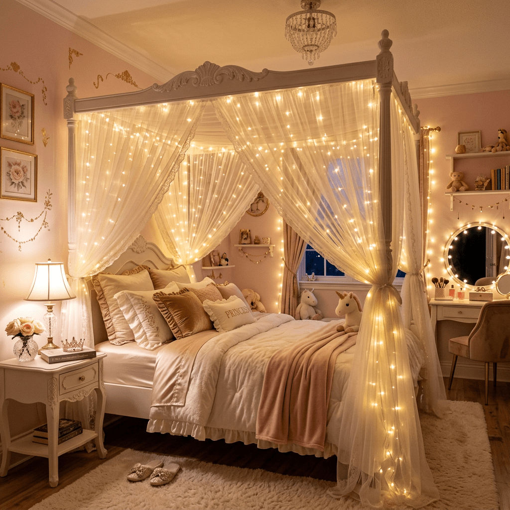 Princess-themed bedroom with canopy bed draped in fairy lights, plush pillows, and soft pink accents