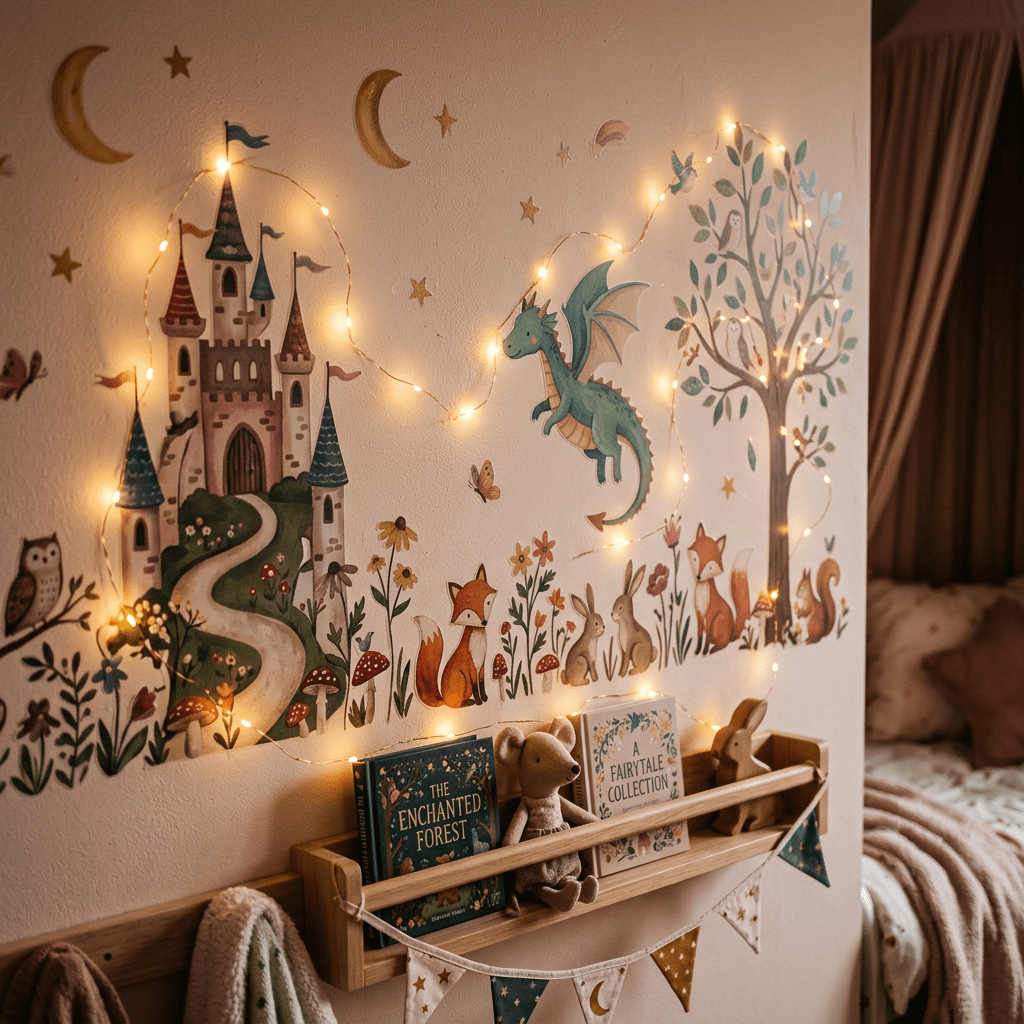 Children's room wall with fairy tale castle, animals, and string lights