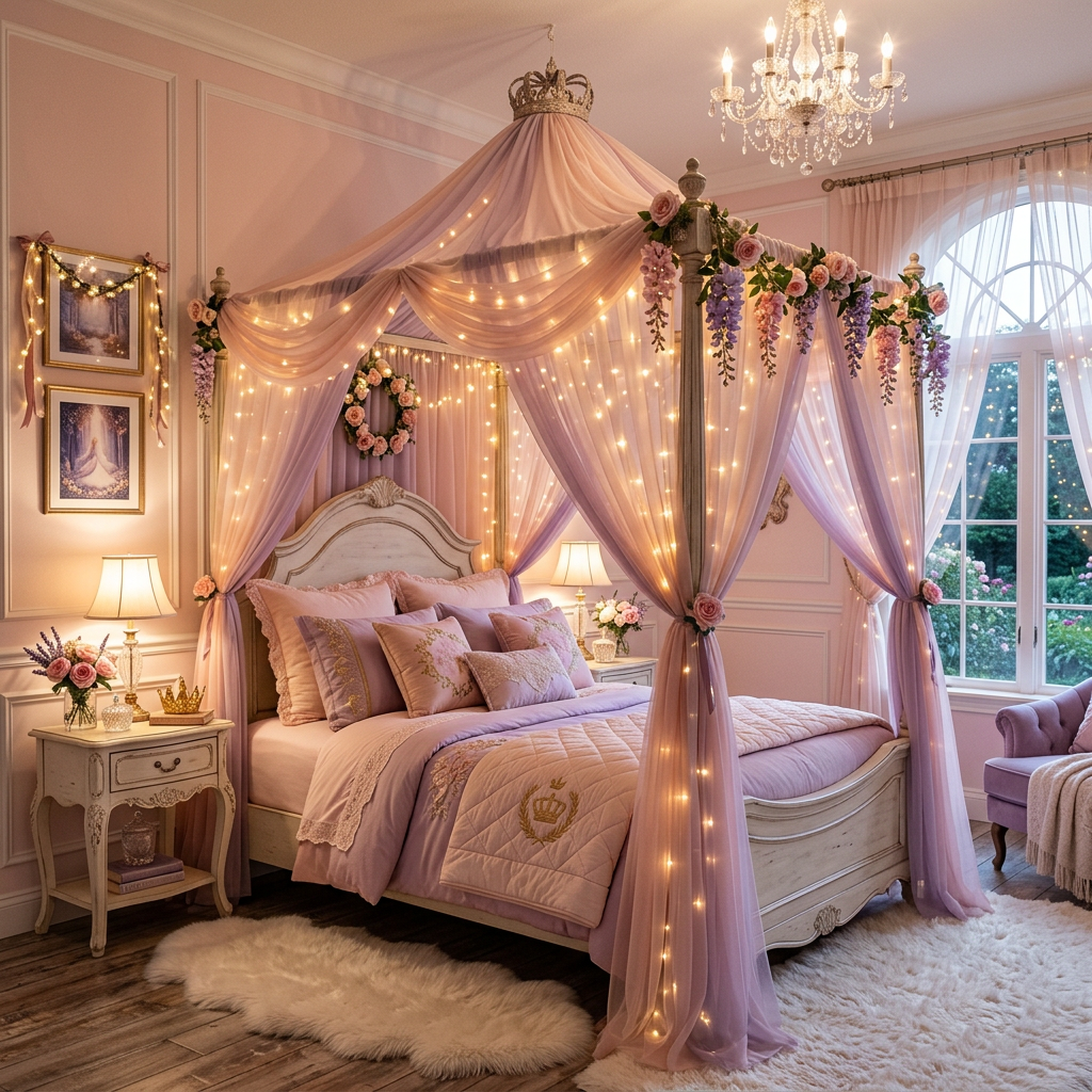 Princess bedroom with canopy bed, purple drapes, fairy lights, floral garlands, and elegant furniture