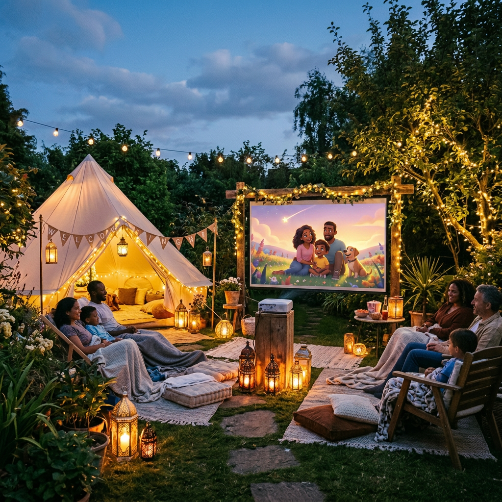 Two families seated outdoors watching the movie 'Coco' on a projector screen surrounded by string lights and lanterns