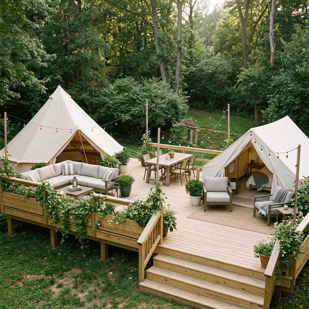 Outdoor wooden deck with two large tents, seating area, dining table, and string lights