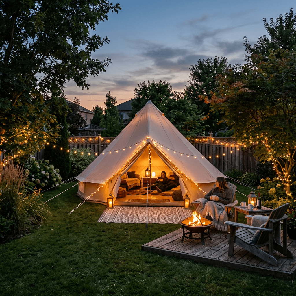 Glamping tent illuminated with string lights in a backyard with a fire pit and people relaxing