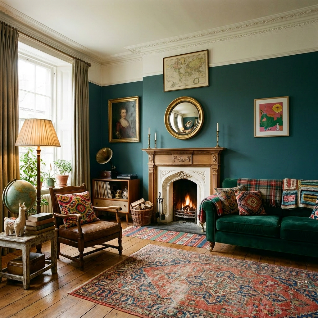 Living room with green sofa, armchair, fireplace, and framed artwork on teal wall
