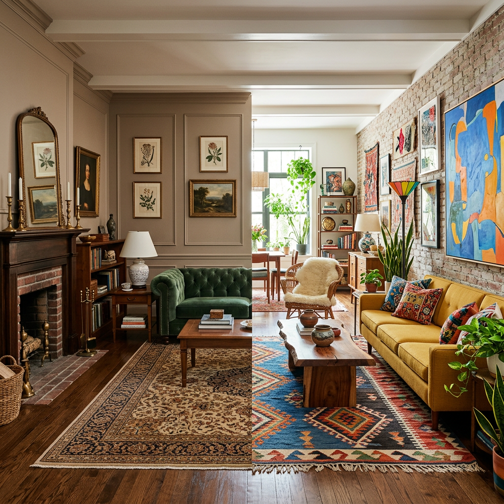 Living room split image showing traditional décor with fireplace and green sofa on left and colorful bohemian décor with yellow sofa on right