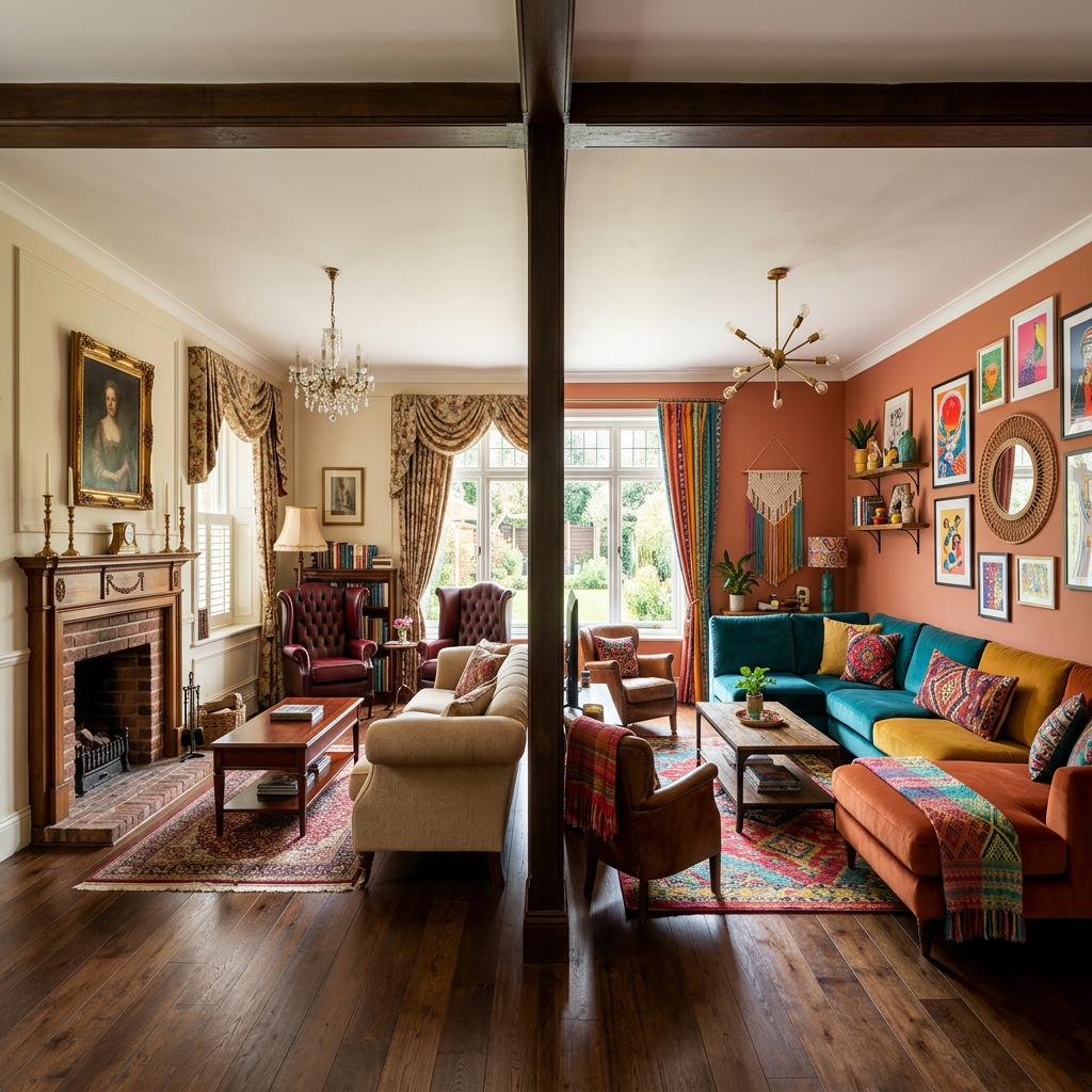 Split interior showing a classic living room with traditional furniture and a modern colorful bohemian living room